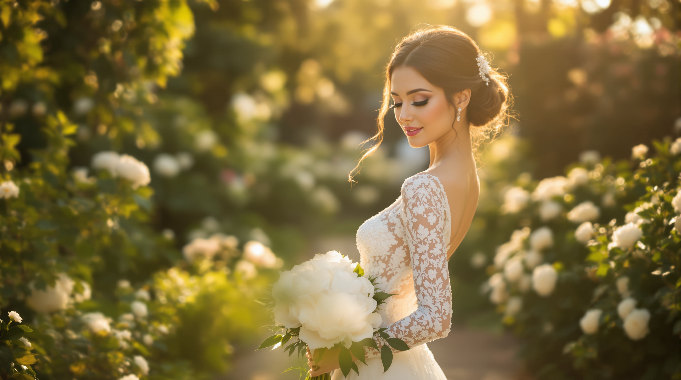 Elegant bride in white lace wedding dress in a sunlit garden