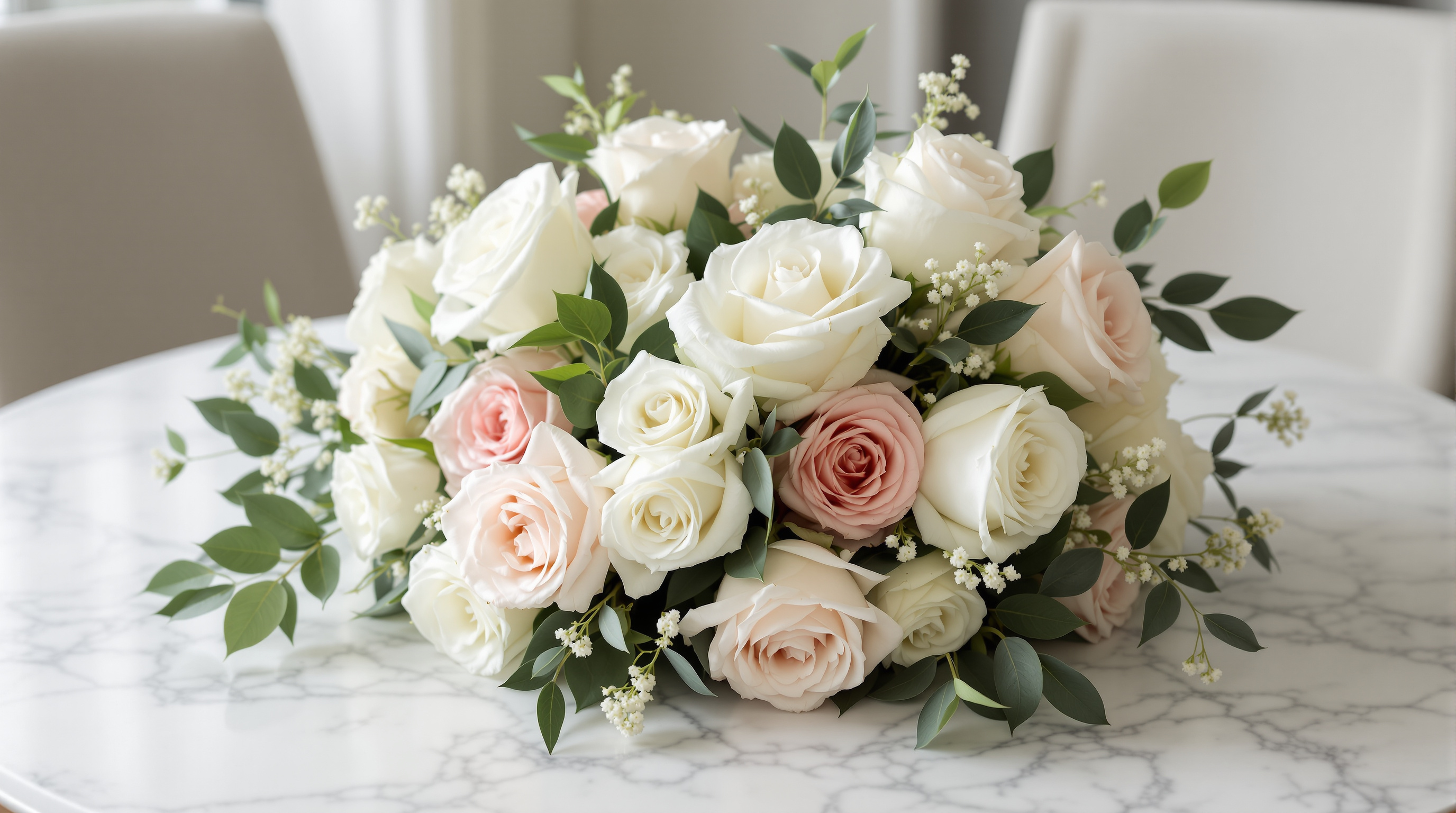 Elegant arrangement of white and blush roses on marble table