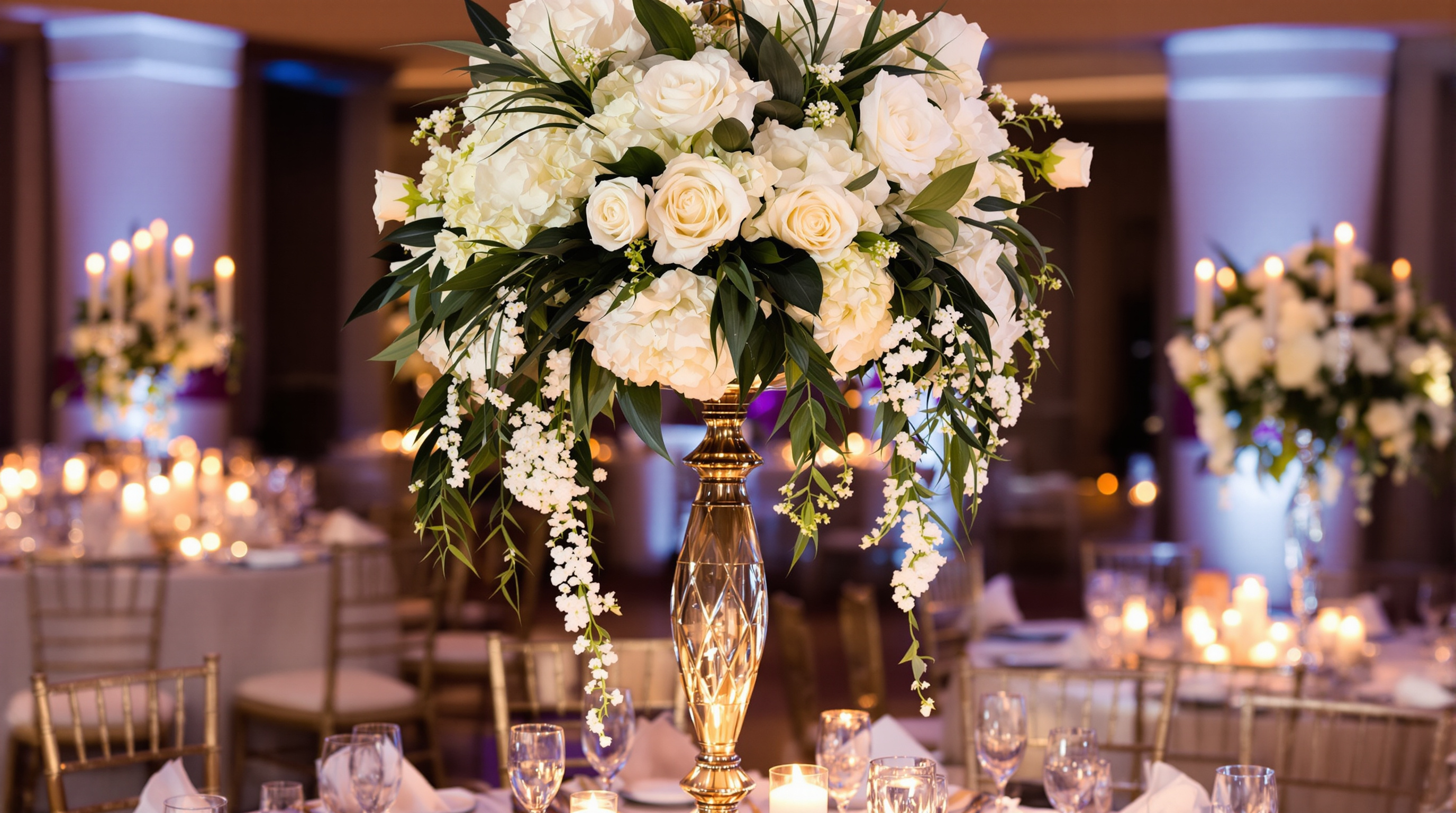 Elegant tall wedding centerpiece with white flowers in gold vase