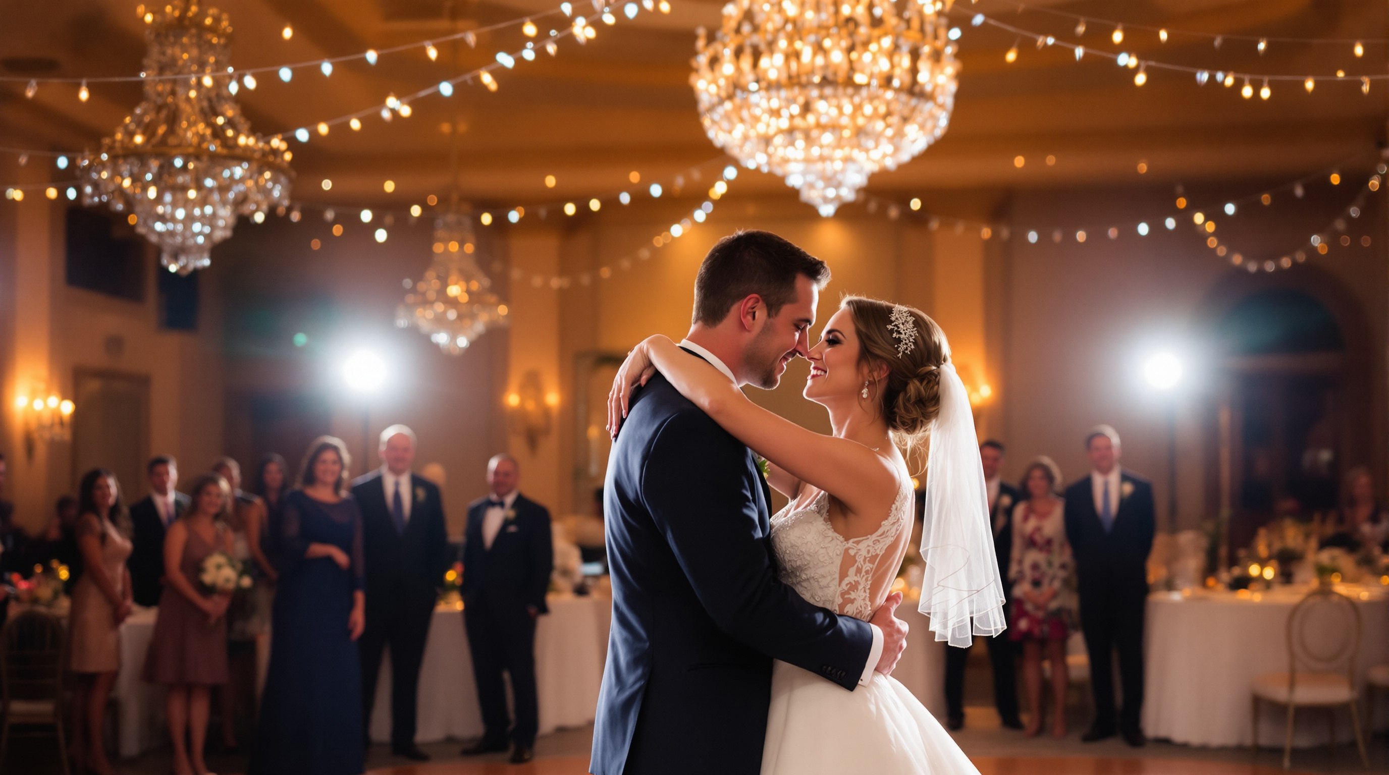 Bride and groom sharing first dance under crystal chandeliers