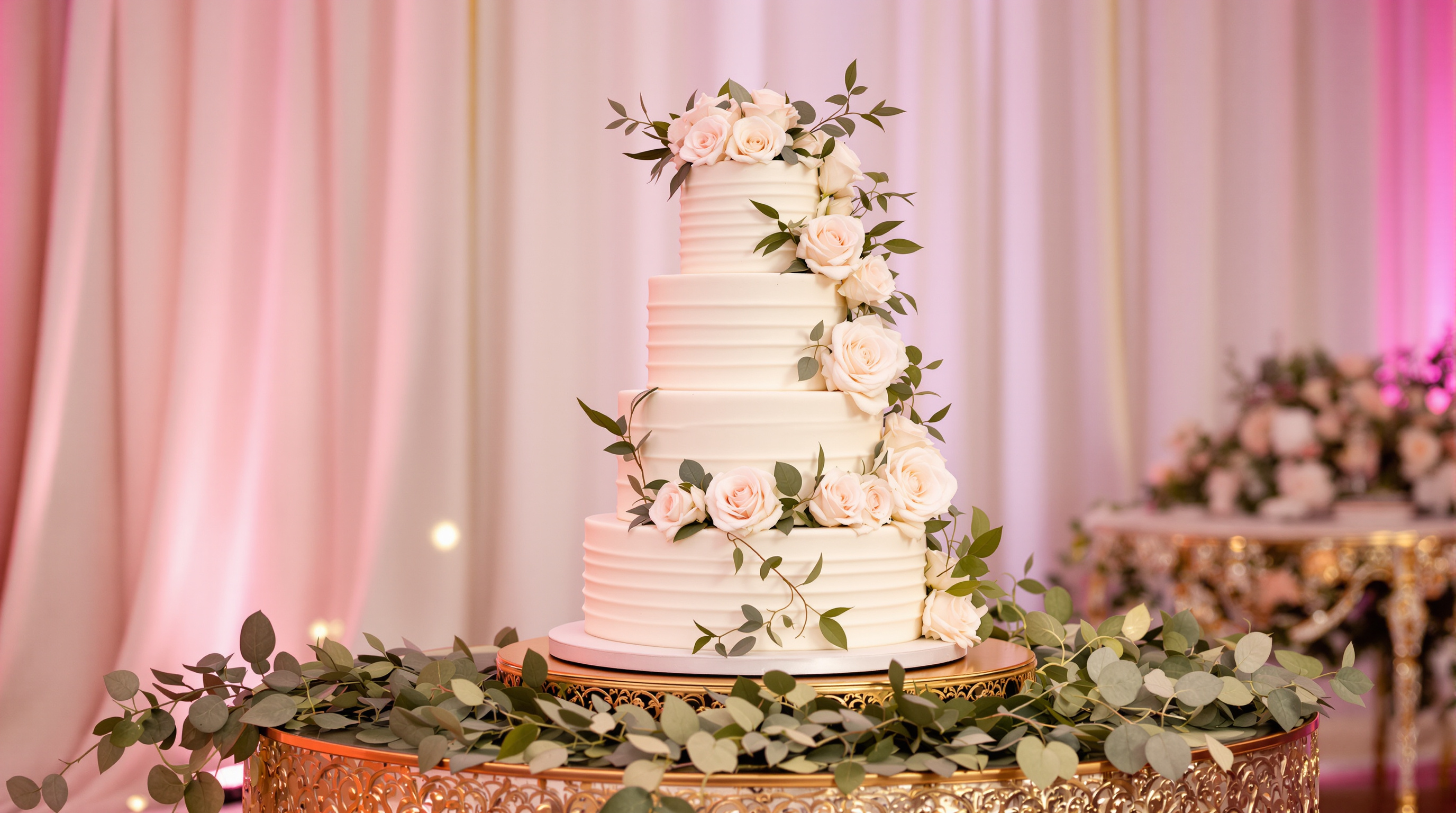 Elegant four-tier white wedding cake decorated with fresh flowers
