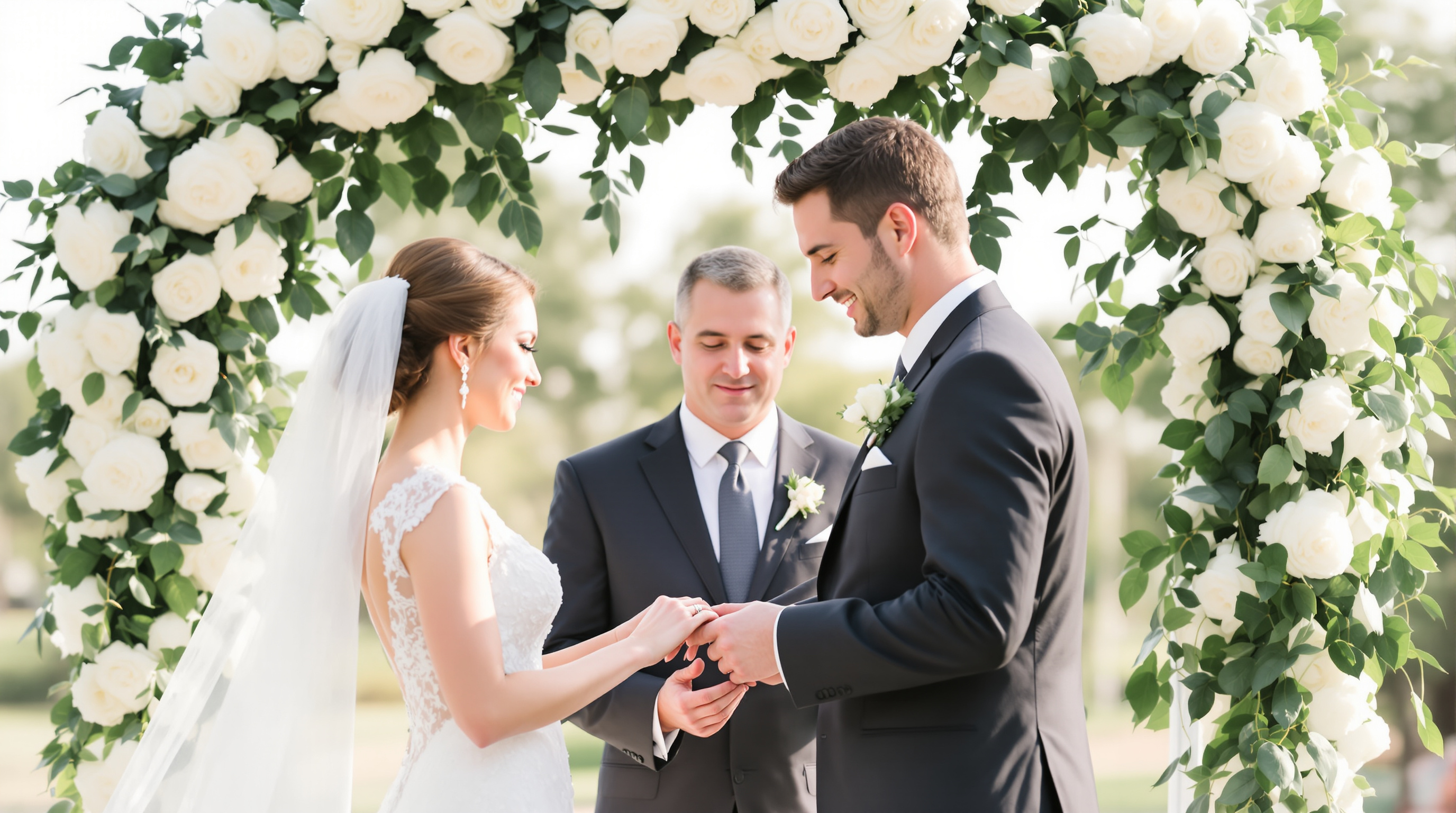 Bride and groom exchanging rings during outdoor wedding ceremony