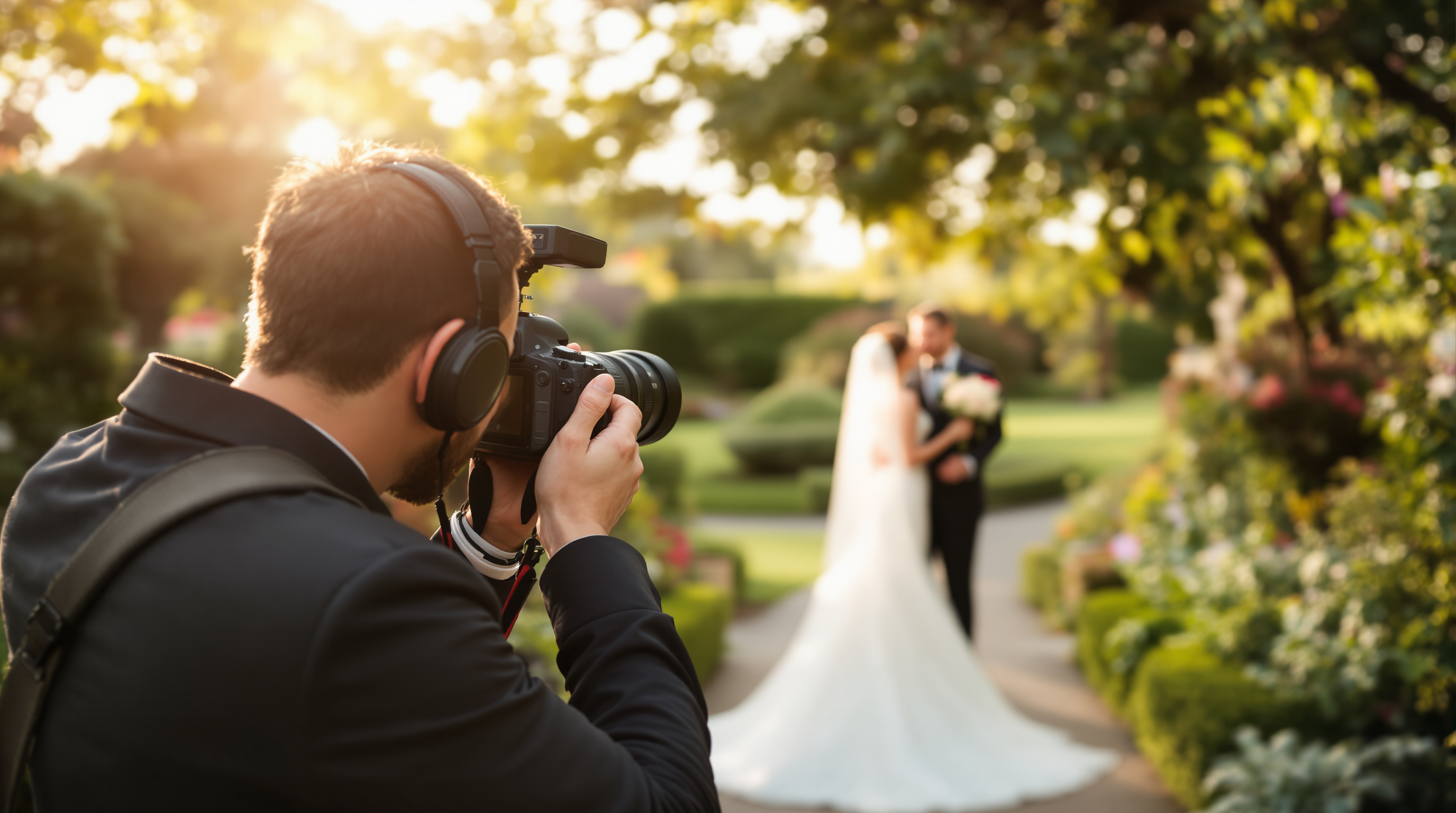 Professional wedding photographer capturing couple in garden during golden hour